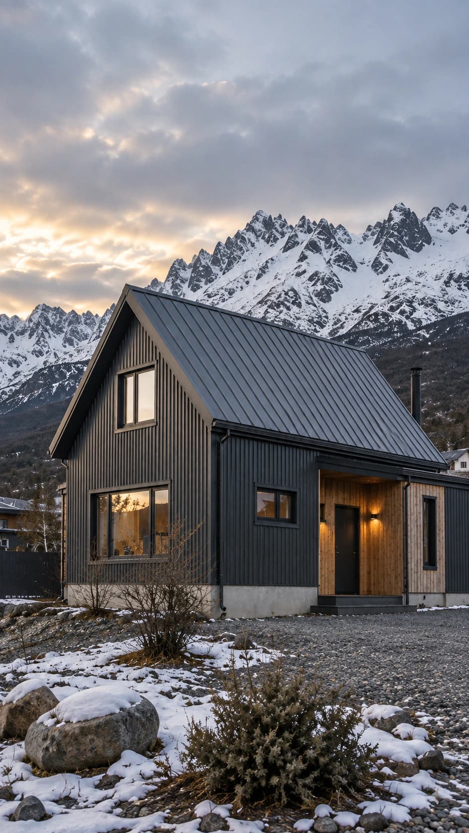 Vivienda a medida terminada en Ushuaia, con la cordillera nevada al atardecer