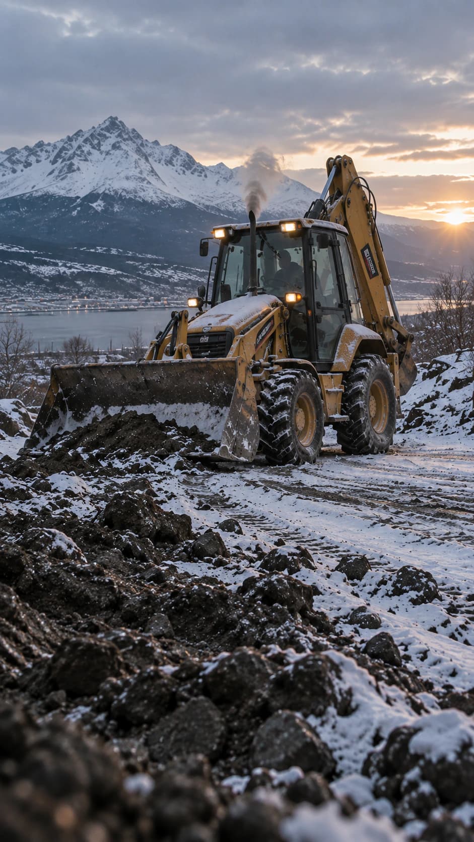 Retroexcavadora de Augusto Vial en un camino nevado cerca de Ushuaia