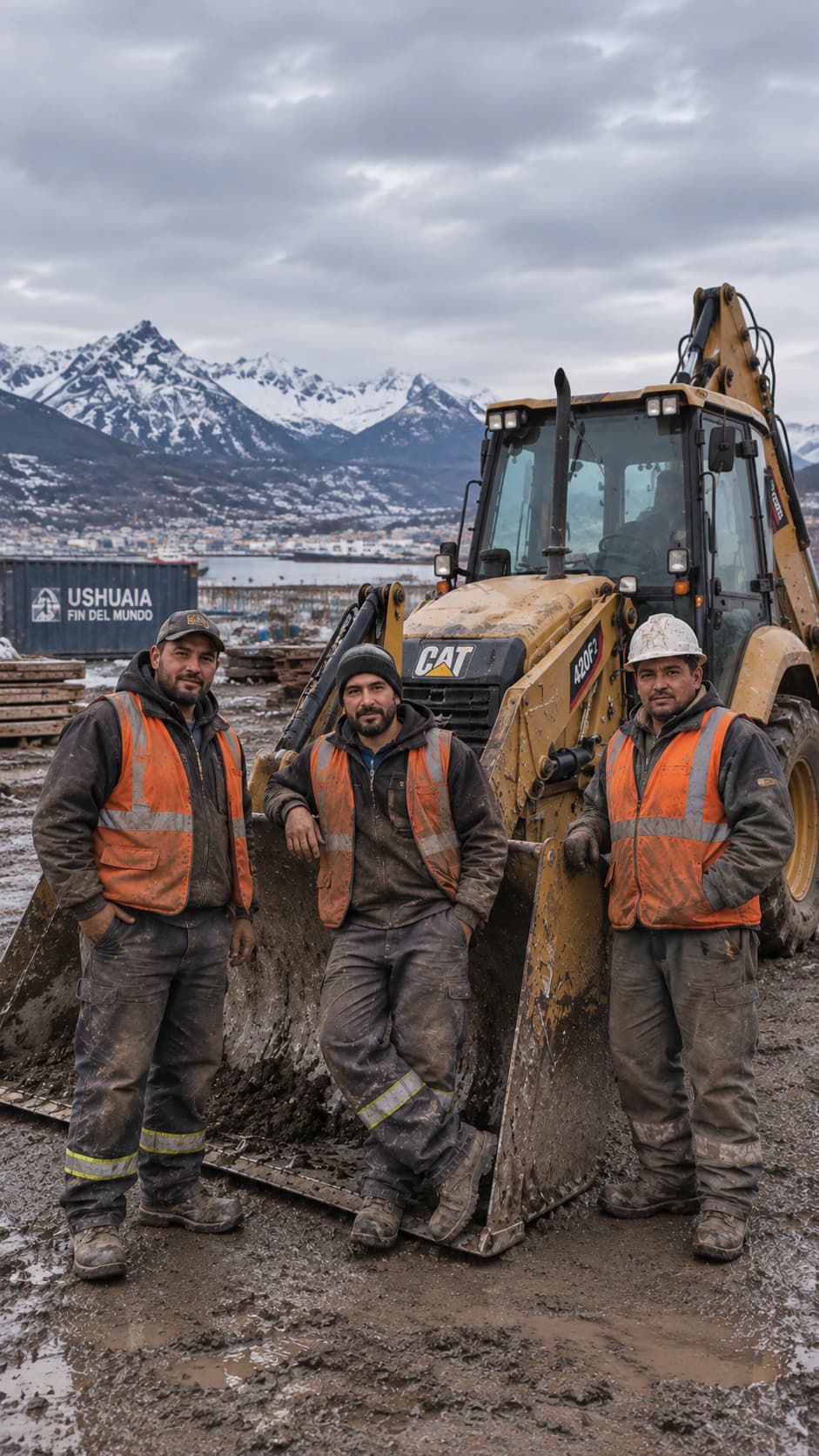 El equipo de Augusto Vial frente a la retroexcavadora, con Ushuaia de fondo