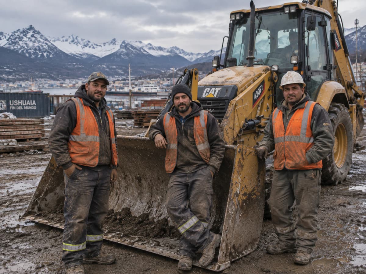El equipo de Augusto Vial frente a la retroexcavadora, con Ushuaia de fondo