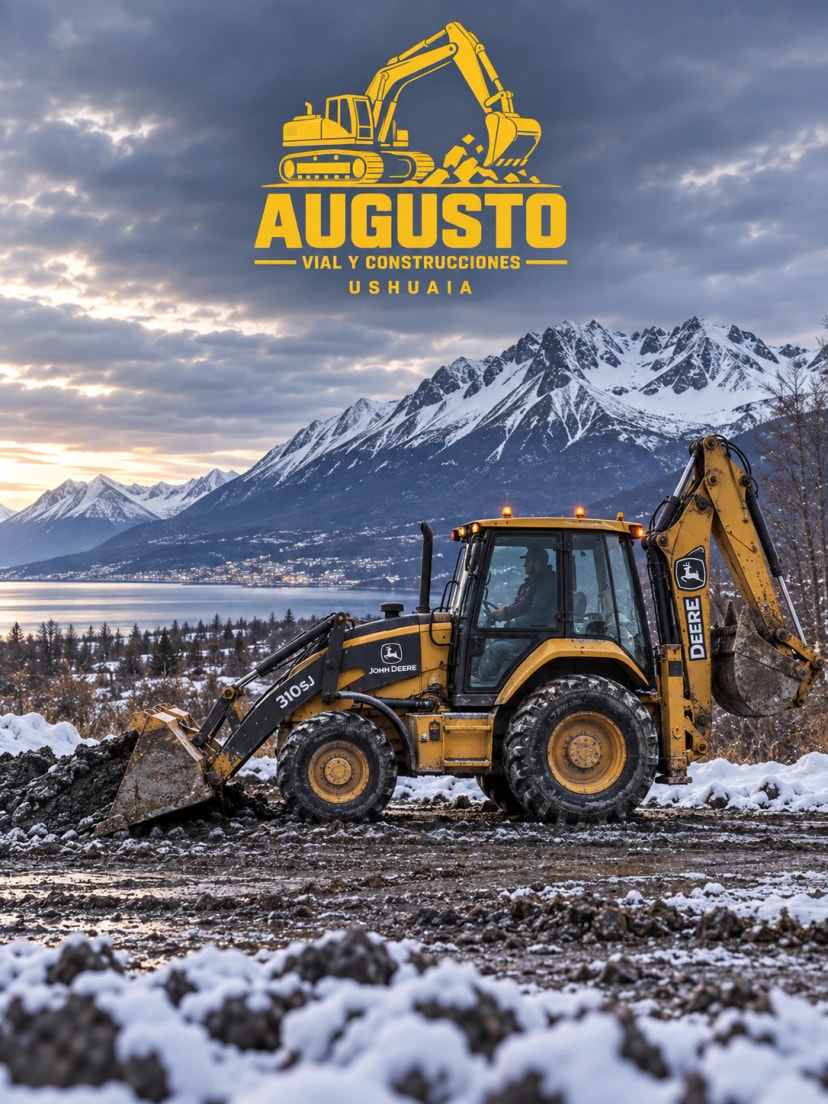 Retroexcavadora de Augusto Vial en un camino nevado cerca de Ushuaia