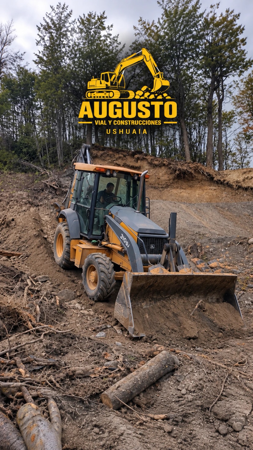 Retroexcavadora de Augusto Vial perfilando un camino de ripio en Ushuaia