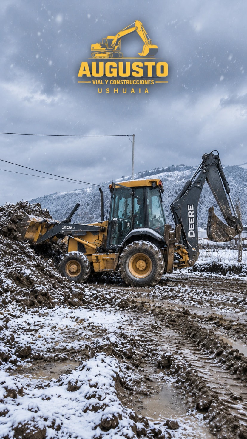 La retroexcavadora de Augusto Vial en obra, con la cordillera nevada de Ushuaia de fondo